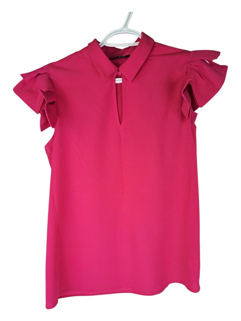 Tahari Hot Pink Ruffle Sleeve Keyhole Neck Blouse‎ Medium